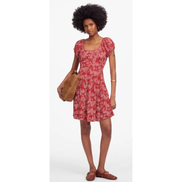 Madewell Ruched‎ Scoopneck Puff Sleeve Mini Dress in Floral Red Size 4 - Picture 1 of 13